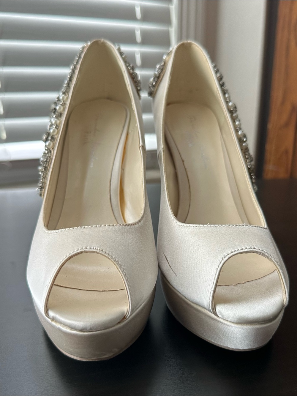 Paradox London Pink Satin Ivory Peep-Toe Platform Heels with Crystal Trim